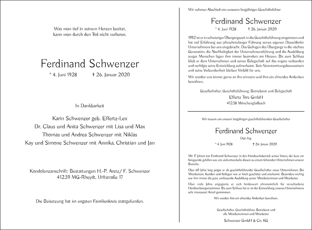 Schwenzer Ferdinand Gesamtanzeige