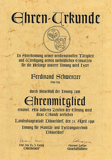 Ferdinand Schwenzer Ehrenurkunde